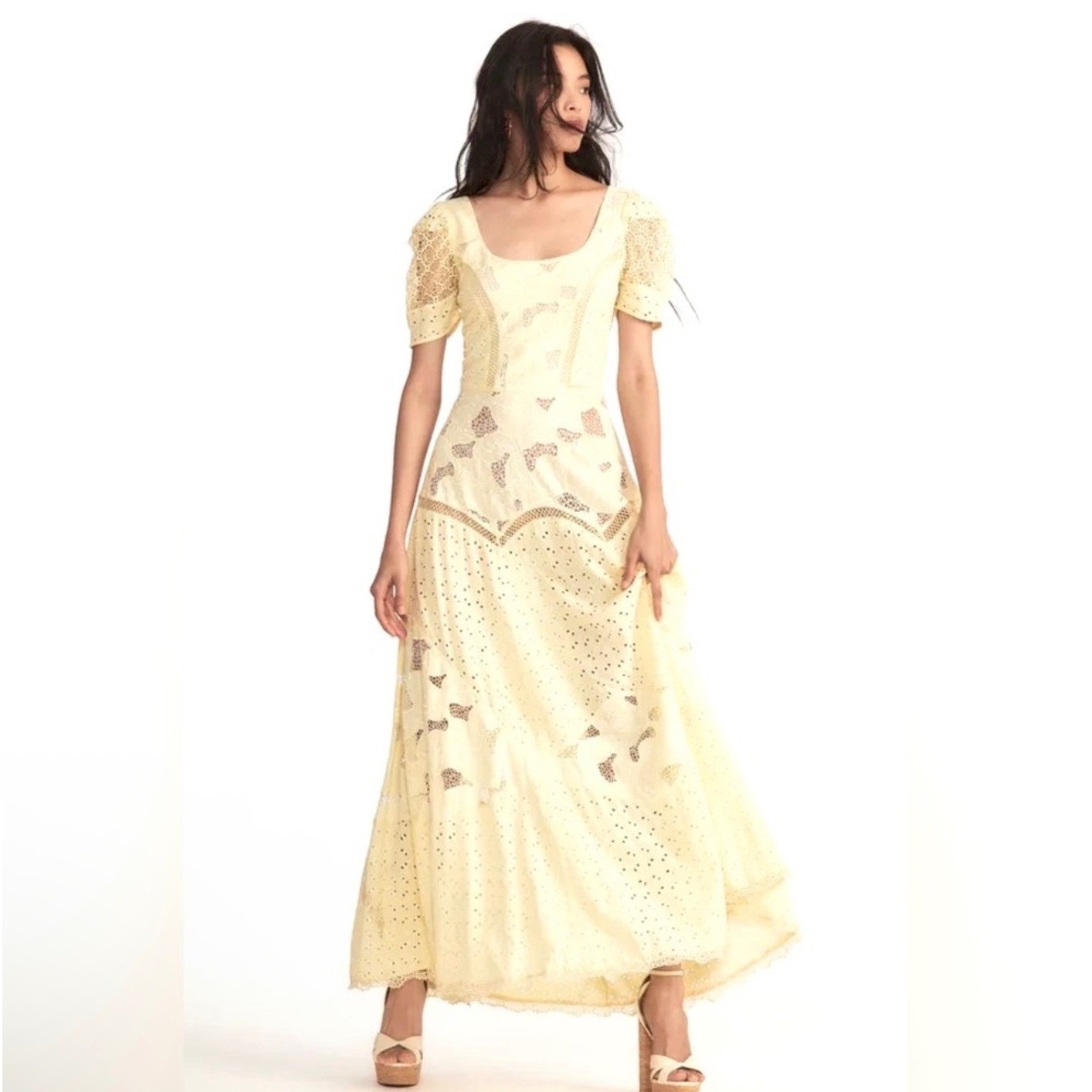 Nwt Loveshackfancy Nella Eyeletpatchwork Maxi Dress Yellow Sz 2 $695